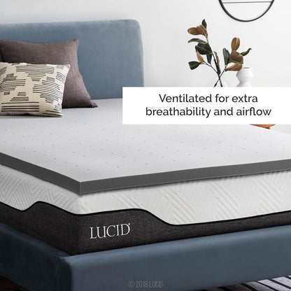 Lucid 2 Inch Ventilated Bamboo Charcoal Memory Foam Mattress Topper, CertiPUR-US Certified, Moisture and Odor Control-Full