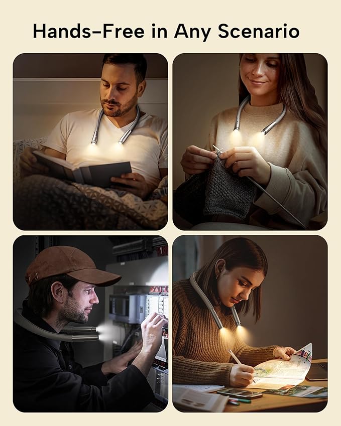 LED Neck Reading Light, Book Light for Reading in Bed, 3 Colors, 9 Brightness Levels, Lightweight Comfortable Design, Long Lasting, Perfect for Knitting,Crafting,Camping,Gray