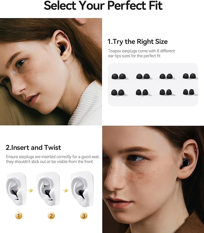 Ear Plugs for Sleeping 45dB Noise Cancelling Ear Plugs for Noise Reduction & Snoring, Concerts, Earplugs for Sleep,Sider Sleepers Airplane, Silicone Earplugs Reusable Concert Ear Plug+8Tip Black