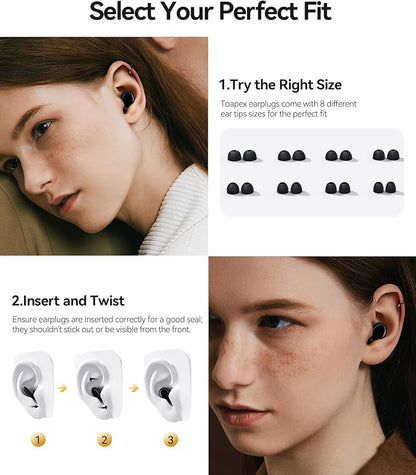 Ear Plugs for Sleeping 45dB Noise Cancelling Ear Plugs for Noise Reduction & Snoring, Concerts, Earplugs for Sleep,Sider Sleepers Airplane, Silicone Earplugs Reusable Concert Ear Plug+8Tip Black