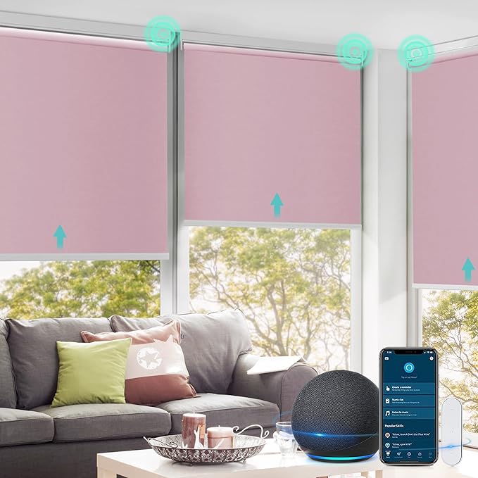 Allesin Motorized Roller Shade Blinds Work with Alexa for Window, 100% Blackout Smart Shades Cordless with Remote Control, Electric Automated Blinds for Window, Customized Size for Smart Home (Pink)