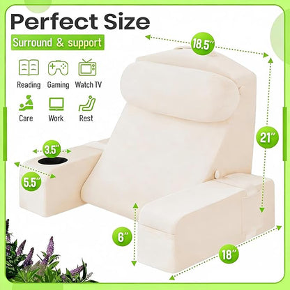 AS AWESLING Reading Pillow for Adults, Back Pillow for Bed Sitting Up, Backrest Pillow for Sitting in Bed, Detachable Arms with Built-in Cup & Phone Caddy (Beige, 21 INCH)