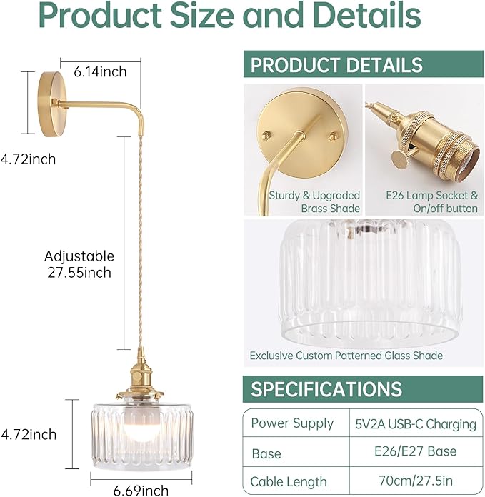 Battery Operated Wall Sconce with Clear Striped Shade Pattern Glass Adjustable Chain Retro Gold Wall Mounted Light, Modern Wall Decor for Bedside Bedroom Indoor Doorway， Set of 2
