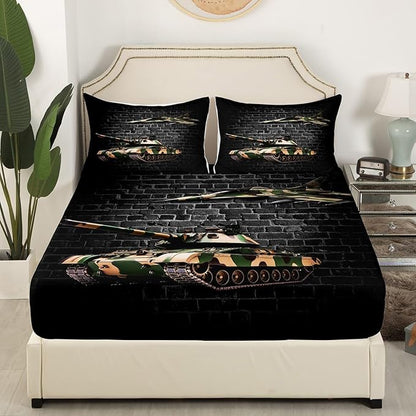 Manfei Tank Sheet Set Full Size, Army Camo Tank Aircraft Bedding Set for Kids Boys Teen Room Decor, Grey Brick Wall Print Bed Sheet Set 4pcs with Deep Pocket Fitted Sheet + Flat Sheet + 2 Pillowcases
