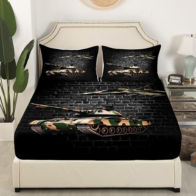 Manfei Tank Sheet Set King Size, Army Camo Tank Aircraft Bedding Set for Kids Boys Teen Room Decor, Grey Brick Wall Print Bed Sheet Set 4pcs with Deep Pocket Fitted Sheet + Flat Sheet + 2 Pillowcases
