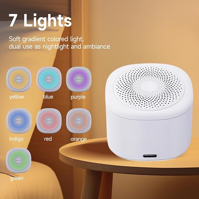 White Noise Machine for Sleep,10 Soothing Sounds, 7 Night Light Colors, 3 Timer Settings, Portable Sound Machine with 15-18 Hour Battery Life, Ideal for Home, Office,Travel