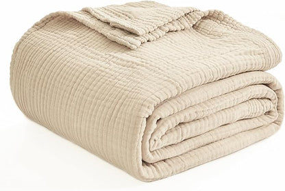 EMME Cotton Bed Blanket Twin Size Soft Muslin Boho Bedding Lightweight Breathable Light Tan Twin Blanket All Season Gauze