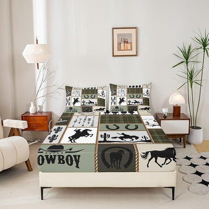 Western Cowboy Kids Sheet Full Size,Cactus Arrow Geometric Plaids Bedding Set,Boys Girls Adults Room Decor,Horseshoes Rustic Farmhouse Camo Retro Bed Sheet Set 4pcs(Fitted + Flat + 2 Pillowcases)