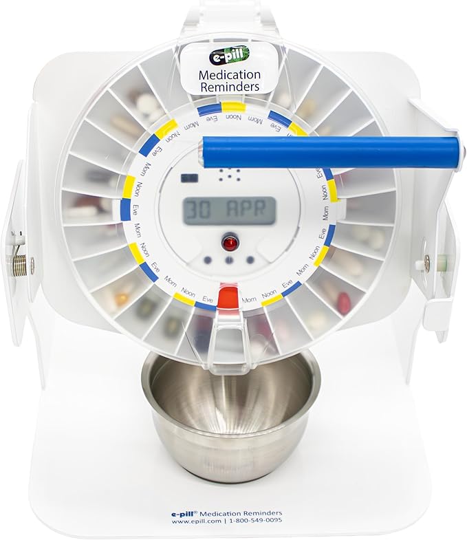 e-Pill MedTime Station Automatic Pill Dispenser – Locked Medication Reminder with Tipper Base & 6 Alarms, Clear Cover – Pill Organizer for Seniors & Caregivers