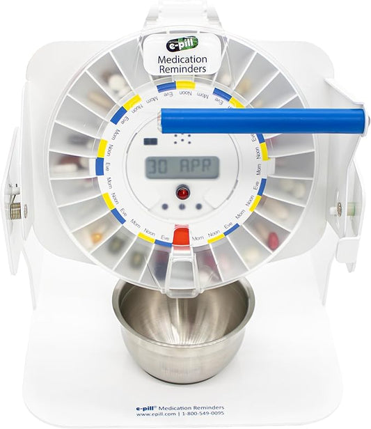e-Pill MedTime Station Automatic Pill Dispenser – Locked Medication Reminder with Tipper Base & 6 Alarms, Clear Cover – Pill Organizer for Seniors & Caregivers