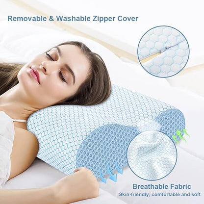 Anvo Memory Foam Pillow, Neck Contour Cervical Orthopedic Bed Pillow for Sleeping Side Back Stomach Sleeper, Ergonomic Design for Neck and Shoulder Pain Relief, Blue White, Firm