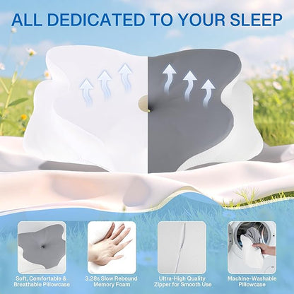 2-in-1 Side Sleeper Pillow for Adults Set–Ergonomic Contour Cervical Neck Pillow Memory Foam +Leg/Knee Pillow for Side Sleepers,Sciatica&Neck Pain Relief,Cooling Ice-Silk Removable Covers