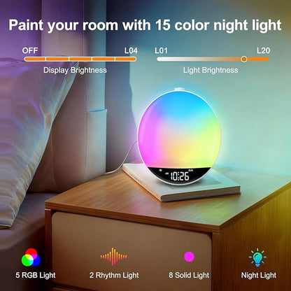 DreamSky Digital FM Radio with Bluetooth Speaker and Sleep Timer, 20 Preset Stations, Hi-Fi Clear Loud Sound, Wake up Light Sunrise Alarm Clock with Sound Machine, Dimmable Night Light, Small Gifts
