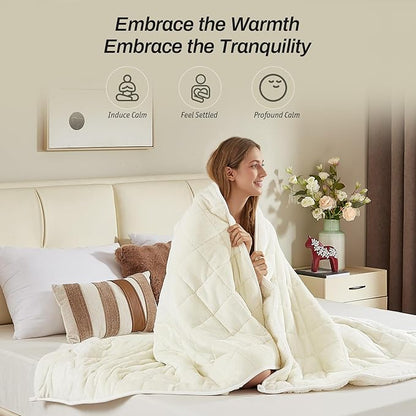 Sherpa Fleece Adult Weighted Blanket, 15 Pounds Dual Sided Soft Plush Blanket for Couch Bed Sofa, Heavy Thick Blankets with Glass Beads Great for Sleep, 60 x 80 inches, Cream White on Both Sides