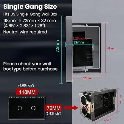 Smart Light Switch,2-Button,Aluminum Frame, Neutral Required,2.4GHz, Tuya Smart Life App,Voice Control,2.5D Curved-Edge Tempered Glass Panel,Black