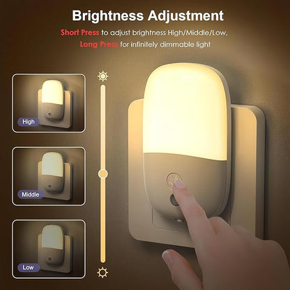Dimmable Night Light Plug in with On/Off Switch, Auto Dusk to Dawn Sensor LED Nightlights, Adjustable Brightness (Warm White) for Bathroom, Hallway, Kids Room, Stairs (2 Pack)