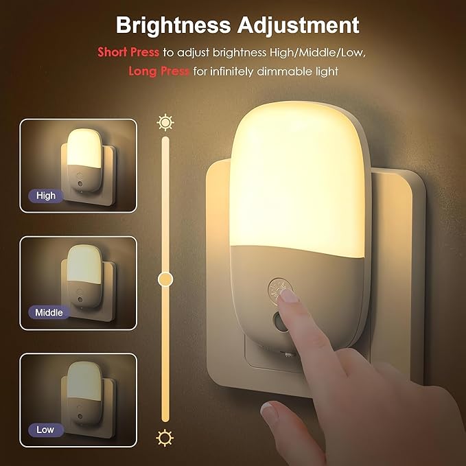 Dimmable Night Light Plug in with On/Off Switch, Auto Dusk to Dawn Sensor LED Nightlights, Adjustable Brightness (Warm White) for Bathroom, Hallway, Kids Room, Stairs (1 Pack)