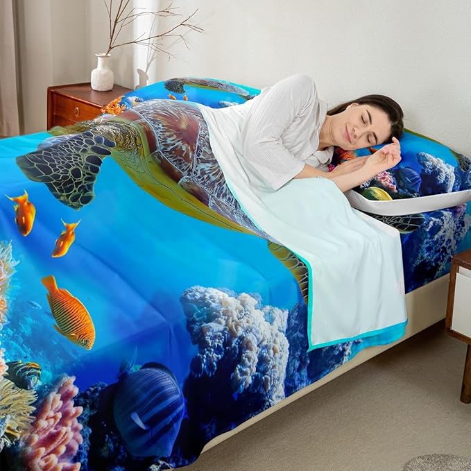 Manfei Sea Turtle Sheet Set Full,Fish Ocean Animal Bedding for Kids Teens Room Decor,Marine Mediterranean Style Sea Blue Bed Sheet 4pcs with Deep Pocket Fitted Sheet + Flat Sheet + 2 Pillowcases