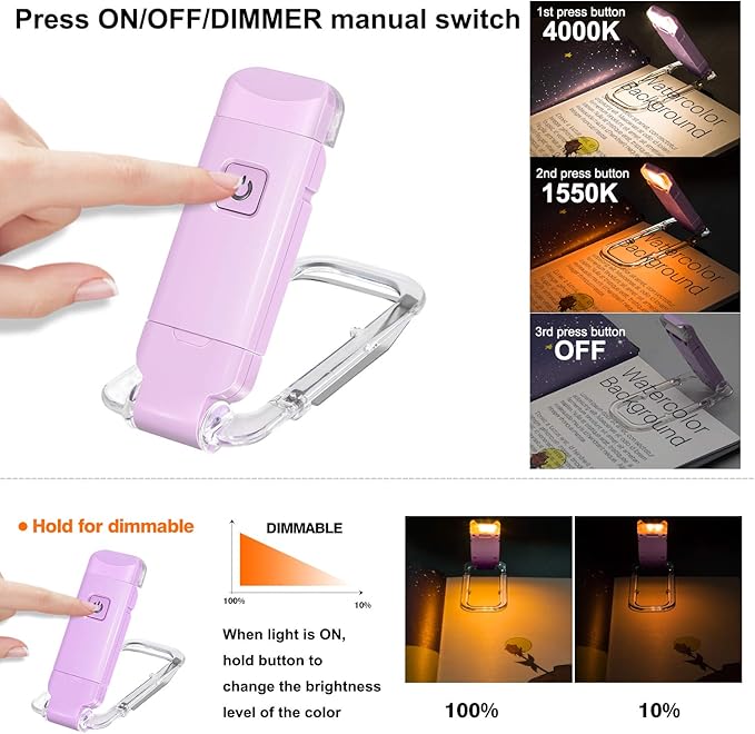 Rechargeable Book Reading Light for Kids,Clip on LED Portable Bookmark Light with Brightness Adjustable for Eye-Protection,Warm White and Amber LEDs Night Reading Lights for Bookwarms