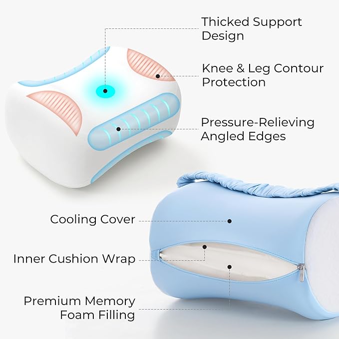 Momcozy Knee Pillow for Side Sleepers with Cooling Cover, Soft Memory Foam Spine Alignment Pregnancy Leg Pillow for Hips, Back, Sciatica Pain, Fixed Strap for Moving, Wider Contact Even Pressure, Blue