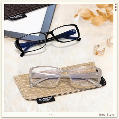 Madison Avenue 2 Pack Classic Blue Light Blocking Reading Glasses for Women, Vintage Anti Glare/Eyestrain Computer Readers Black/Nude Beige +2.25