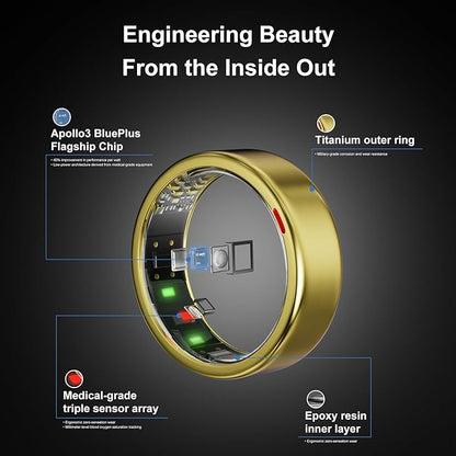 Smart Ring for Women Men- Sleep/Fitness/Stress/Heart Rate Tracker- Menstrual Records - 7 Days Battery Life - Wireless Charging - No APP Subscription - iOS & Android Compatible (Gold, Size 8)