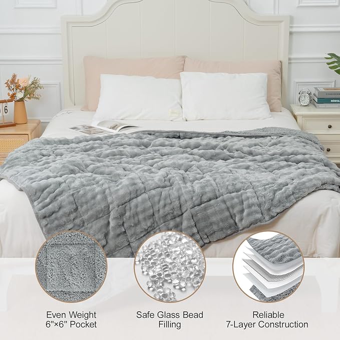 Cottonblue Weighted Blanket 15lbs Bubble Fleece Plush Sherpa Heavy Weighted Blankets for Adults, Fits Twin/Full Size Bed, Cute Fuzzy Warm Heavy Blanket for Calm and Better Sleep, 48"x72", Grey