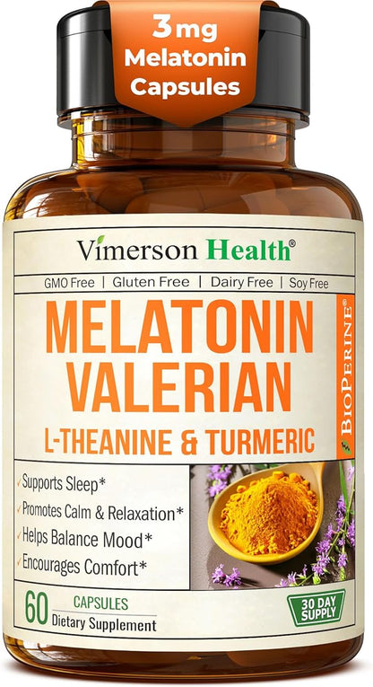 Melatonin 3mg Sleep Aid with L-Theanine & Valerian Root – Turmeric Curcumin Supplement with Ginger & Black Pepper – Organic Turmeric Supplement for Sleep, Calm and Stress Relief Support – 60 Capsules