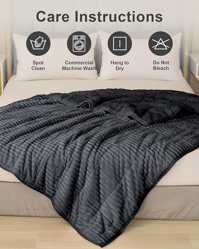 Sherpa Fleece Weighted Blanket with Ribbed Stripes for Adults, 15 lbs Dual Sided Cozy Warm Blanket for Couch Full Size Bed, Ceramic Beads Heavy Thick Blankets Great for Sleep, Dark Grey, 60" x 80"