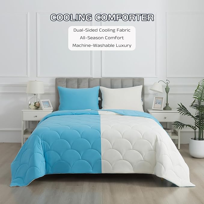 Cooling Blanket for Hot Sleepers - Queen Size Lightweight Breathable Tencel Blend, Double Sided All-Season Comforter, Temperature Regulating & Machine Washable (Blue+White, Queen (90''x90''))