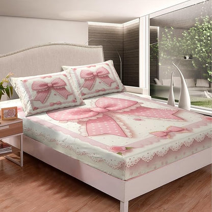 Pink Bowknot Fitted Sheet,Vintage Lace Polka Dots European Princess Sheet Set for Women Ultra Soft Room,Fairy Tale Cute Bow-tie Roses Beige Bedding Set with 2 Pillowcases,Queen Size