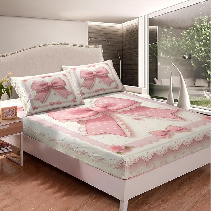 Pink Bowknot Bedding Set Full Size,Vintage Lace Polka Dots European Princess Fitted Sheet,Fairy Tale Cute Bow-tie Roses Beige Sheet Set for Kids Teens Adults Bedroom Decor,2 Pillowcases