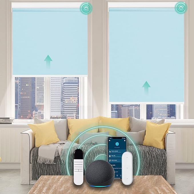 Allesin Motorized Roller Shade Blinds Work with Alexa for Window, 70% Blackout Smart Shades Cordless with Remote Control, Electric Automated Blinds, Customized Size, Lithium Battery Motor(Light Blue)