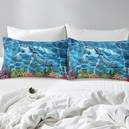 Sea Turtle Kids Fitted Sheet Queen Size,Coral Seaweed Marine Life Bedding Set,Boys Girls Room Decor,World Ocean Animals Bed Cover,Sea Blue Bed Sheet,2 Pillowcases