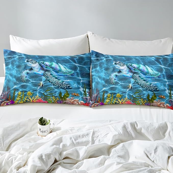 Sea Turtle Kids Fitted Sheet Twin Size,Coral Seaweed Marine Life Bedding Set,Boys Girls Room Decor,World Ocean Animals Bed Cover,Sea Blue Bed Sheet,1 Pillowcase