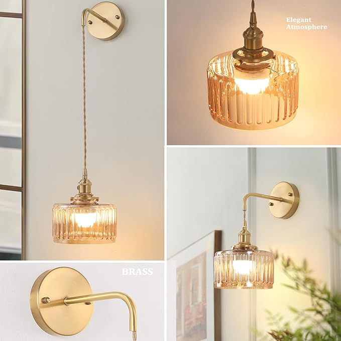 Battery Operated Wall Sconce with Amber Striped Shade Pattern Glass Adjustable Chain Retro Gold Wall Mounted Light, Modern Wall Decor for Bedside Bedroom Indoor Doorway， Set of 2