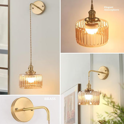 Battery Operated Wall Sconce with Amber Striped Shade Pattern Glass Adjustable Chain Retro Gold Wall Mounted Light, Modern Wall Decor for Bedside Bedroom Indoor Doorway， Set of 2