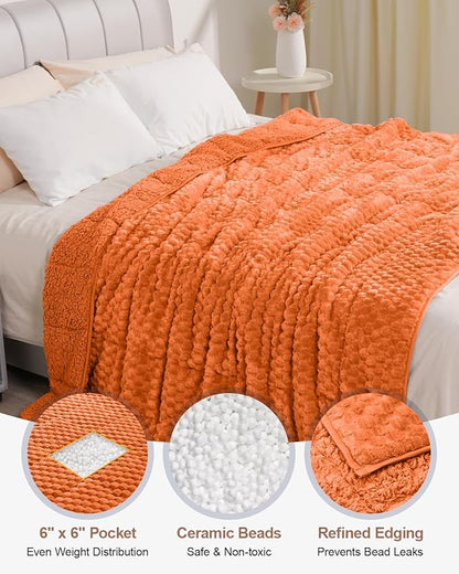 Super Fuzzy Soft Luxury Fleece Sherpa Weighted Blanket 15 lbs for Adults, Turtle Shell Cozy Queen Size Weighted Throw, Ceramic Beads Washable Heavy Blankets for Couch Bed, Orange, 60" x 80"