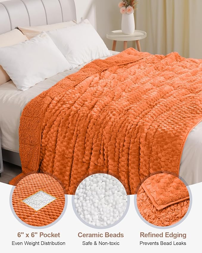 Super Fuzzy Soft Luxury Fleece Sherpa 20 lbs Weighted Blanket for Adults, Turtle Shell Cozy Warm Queen Weighted Throw for Winter, Ceramic Beads Washable Heavy Blankets for Couch Bed, Orange, 60" x 80"