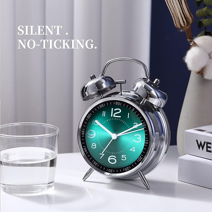 Super Loud Alarm Clock for Heavy Sleepers,4 inches Twin Bell Alarm Clock with Backlight,Battery Operated,Silent Non Ticking,for Kids,Adults,Bedrooms,Retro Decor Desk Analog Clocks. (Green)