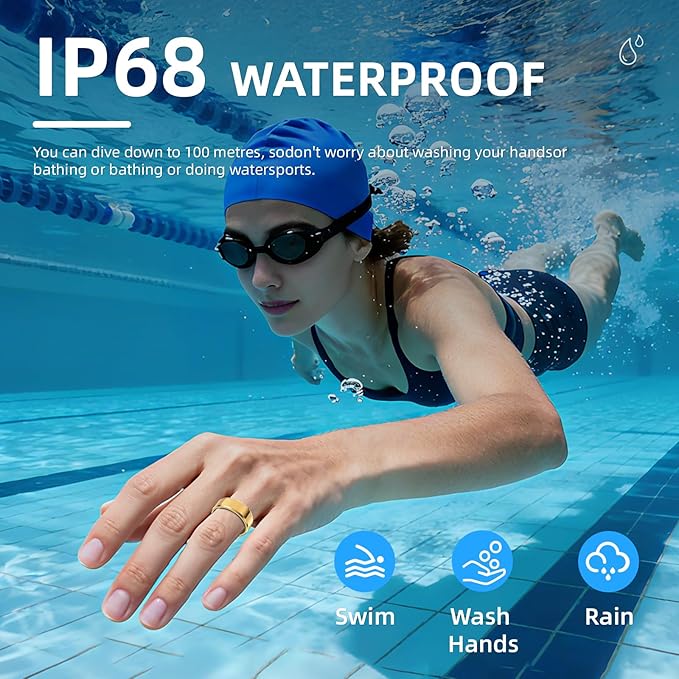 Smart Ring for Women & Men, Smart Rings Health Tracker with Heart Rate, Sleep Monitoring, Long Lasting Battery, IP68 Waterproof Fitness Ring for iOS & Android, No Subscription Fee (Gold, #9)