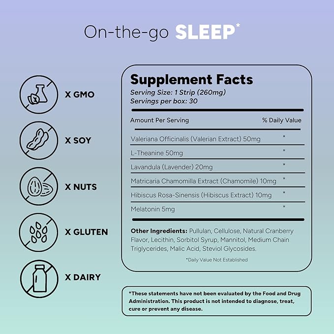 Dissolvable Sleep Strips – Fast-Acting Melatonin 5mg with L-Theanine, Lavender, Chamomile, Hibiscus & Valerian – Natural Cranberry Flavor – 90 Strips