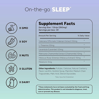 Dissolvable Sleep Strips – Fast-Acting Melatonin 5mg with L-Theanine, Lavender, Chamomile, Hibiscus & Valerian – Natural Cranberry Flavor – 90 Strips