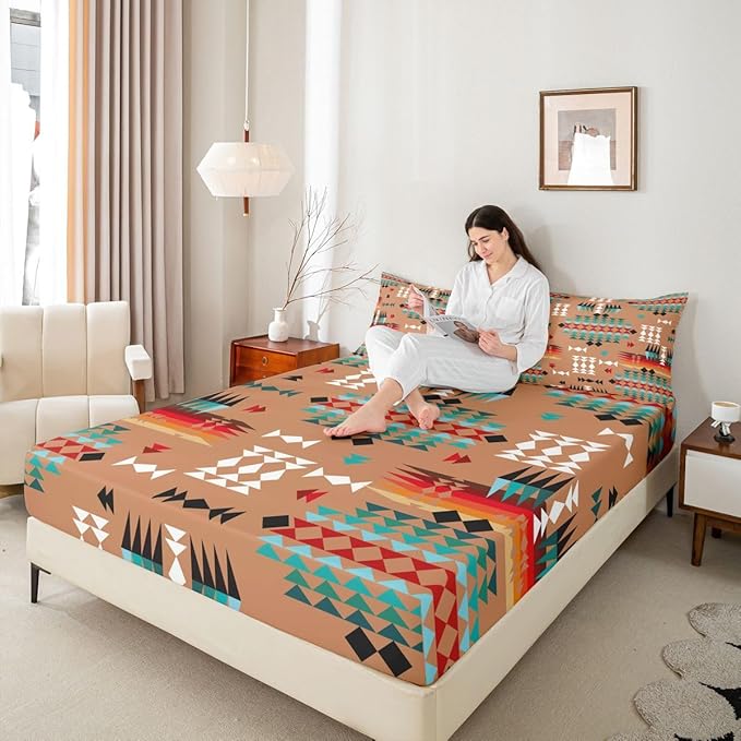 Aztec Kids Twin Size Fitted Sheet,Western Tribal Abstract Boys Girls Bed Sheets,Rustic Farmhouse Triangle Room Decor,Brown Teal Bedding Set,1 Pillowcase(No Flat)
