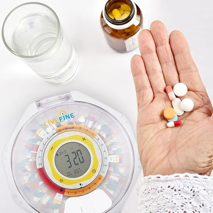 LiveFine Bluetooth Automatic Pill Dispenser, 28-Day Capacity, Sound & Light Alerts, Key Lock, LCD & Easy Setup on The LiveFine App for Prescriptions, Medications, Vitamins & Supplements - Frosted Lid