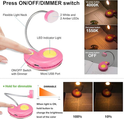 LUXSWAY Rechargeable Reading Book Light for Kids,LED Reading Light for Books in Bed,Amber Book Lights,Flexible Gooseneck,Cute Bookmark Lights for Bookworms-Pink