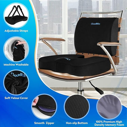 CloudBliss Seat Cushion, Office Chair Cushion,Car Seat Cushion, Lumbar Support Pillow for Office Chair, Back Support Memory Foam Pillow Coccyx Cushion for Tailbone & Sciatica Pain Relief,Black,X-Large