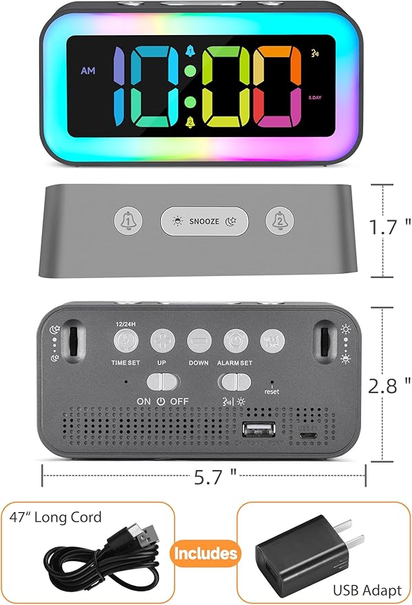 Cadmos Loud Alarm Clock for Bedrooms with Dynamic RGB Night Light,Heavy Sleepers Adults,Dual Alarm,Dimmer,USB Charger,Small Bedside Digital Clock with Led Display for Kids,Teens (Silver Gray)
