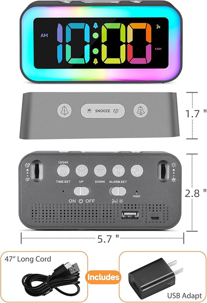 Cadmos Loud Alarm Clock for Bedrooms with Dynamic RGB Night Light,Heavy Sleepers Adults,Dual Alarm,Dimmer,USB Charger,Small Bedside Digital Clock with Led Display for Kids,Teens (Silver Gray)