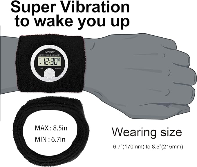 CoolFire Vibrating Alarm Clock Wristband, Silent Wake-Up Watch for Heavy Sleepers, Won’t Disturb Partner, Vibration Alarm Band for Couples/Roommates, Deaf/Hearing Impaired, 4 Alarms, Bluetooth App, Rechargeable (Black)